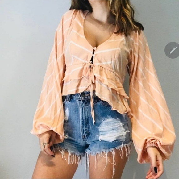 Free people peach striped balloon sleeve top S - Picture 2 of 4
